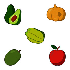 Set of fruits (avocado, jicama, star fruit, kedondong, apple) vector collection
