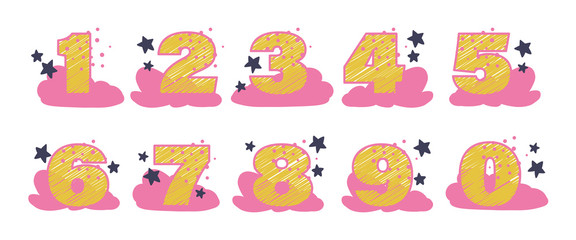 Collection of hand drawn decorative number with pink clouds and star for baby birthday party cards, cake, invitations, posters, kids room decor design. Sketch style, vector illustration.