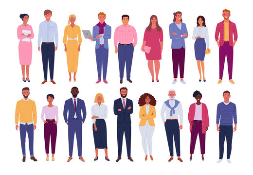 Office people collection. Vector illustration of diverse cartoon standing men and women of various races, ages and body type. Isolated on white.
