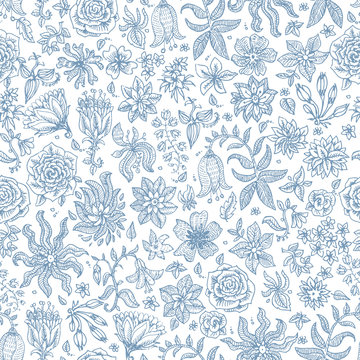 Vector seamless floral pattern from hand drawn small dark blue flowers and herbs on a white background, small scale texture. Batik, wallpaper, wrapping paper, millefleur chintz textile print