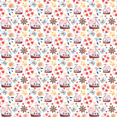 Seamless pattern of watercolor elements on the marine theme with seagulls, ships, shells, bottles with desire, a lifebuoy, a helm and stars. Perfect for forming postcards, textiles, paper, printing, w