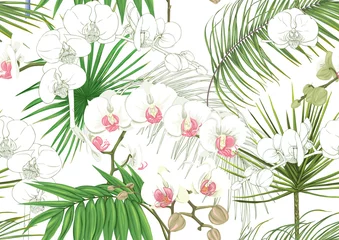  Tropical plants and flowers. Seamless pattern, background. Colored and outline design. Vector illustration. Isolated on white background © Elen  Lane