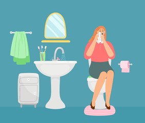 Fototapeta na wymiar Woman crying in toilet room. Bathroom interior, WC vector illustration. Stressed woman character