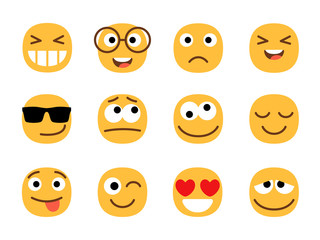 Yellow cute and fun emoticons faces. Smiles or smiling person signs, emoji portraits isolated on white background, ball face emoticon characters, vector illustration
