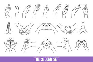 Fototapeta premium Linear women hands gestures graphics. Lines art hand gesture drawings, ladys or female outline contour arms, showing heart and volunteer, making pray and touch people stroke symbols