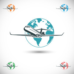 Vector airplane sign travel trip around the world. Symbol graphic element on white background