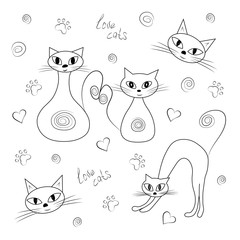 Contours of a set of Funny cats. Adult cat and kitten, arched back, cat face and ornaments.