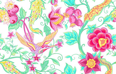 Fantasy flowers, traditional Jacobean embroidery style. Seamless pattern, background. Vector illustration in bright pink and green colors isolated on white background..