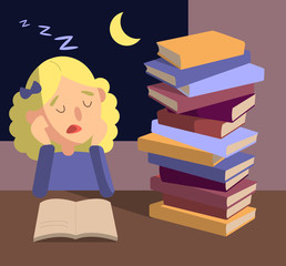 cute flat  illustration. Young school girl falls asleep while doing homework till late night with pile of books