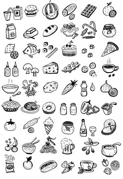 Black and white set with 54 isolated food products, sketch