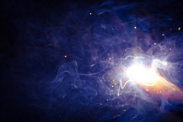 Welding metal macro background. Industrial welding light sparks.