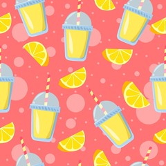 Lemon pieces and lemonade glasses with pink bubbles in the background seamless pattern. Yellow and pink pastel colors illustration.