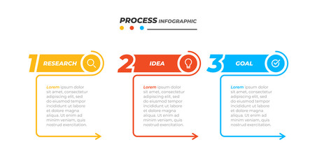 Business process. Vector design elements with marketing icons and 3 options, steps, arrows. Can be used for workflow diagram, info chart, graph, presentations.