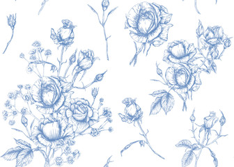Roses and spring flowers seamless pattern. Graphic drawing, engraving style. Vector illustration.
