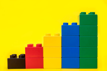 Bar graphs plastic building blocks toy bricks on yellow background.