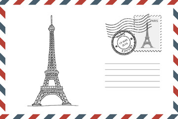 Fototapeta na wymiar Envelope with hand drawn Eiffel Tower