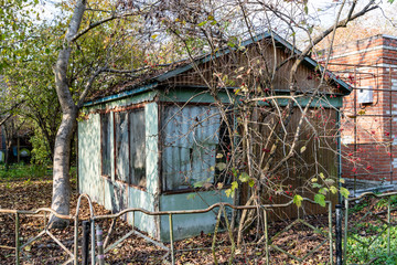 old house of metal sheets of blue and green in a Russian village among trees and thickets