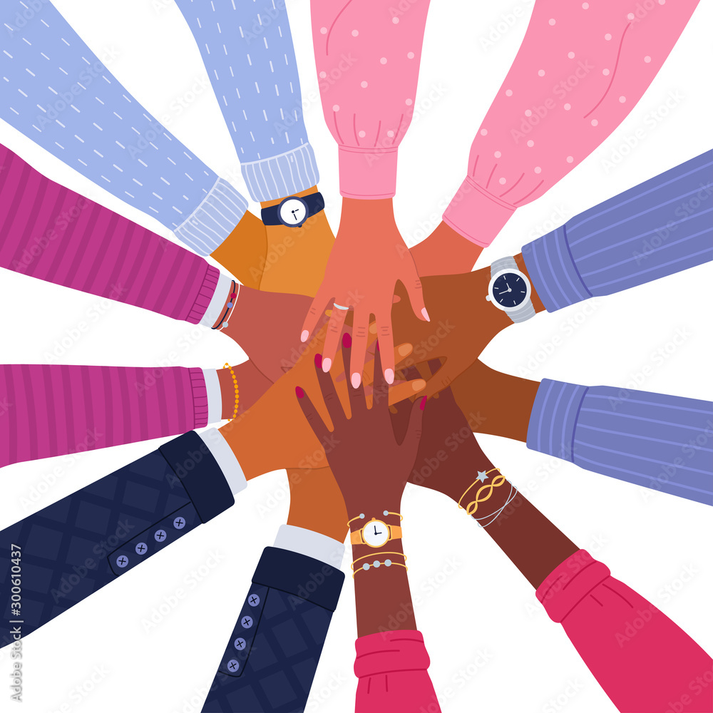 Poster unity and teamwork concept. vector illustration of close up top view of young diverse business peopl