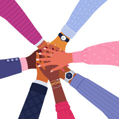 Unity and teamwork concept. Vector illustration of Close up top view of young diverse business people putting their hands together.