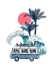 Summer time background with retro bus, palms and sea waves