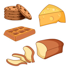 Bread set with cookies and cheese isolated on white background.