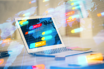 Technology theme drawing and work space with computer. Multi exposure. Concept of innovation.