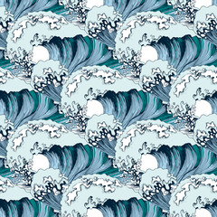 Materiał do szycia Hand drawn seamless pattern with sea waves