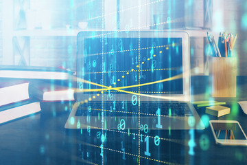 Technology theme drawing and work space with computer. Multi exposure. Concept of innovation.