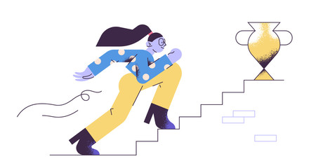 Young adult woman walking up the stairs with golden cup on the top to her goal. Career progression, reaching aim, motivation, aspiration, growth, leadership. Modern vector illustration.
