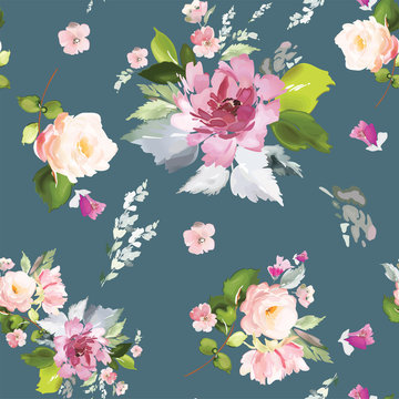 Vector seamless pattern with flower and plants in watercolor style.
