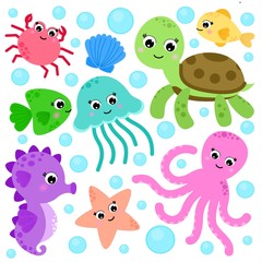 Set of marine life, contains a turtle, seahorse, octopus, fish, crab, starfish and shells. Cartoon style. Isolated on white background.