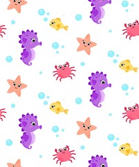 Seamless pattern with marine life, contains seahorse, fish, crab, starfish. Cartoon style. Isolated on white background. Printing on fabric, packaging, wrappers, gift bags.