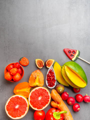 Healthy fruits and vegetables products for Immunity boosting, rich in vitamins and antioxidants, carotenoid, lutein, phosphorus, calcium, Healthy eating concept, top view