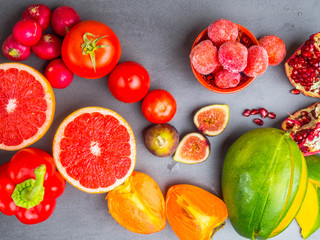 fresh red, orange, yellow fruit and vegetables rich in antioxidants, fiber, alfa carotene, lycopene, beta carotene, carotenoid, lutein, phosphorus, calcium, vitamin c.