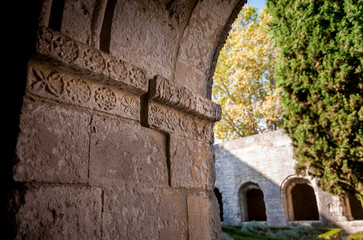 Detailed view of stone pillar inside abbey
