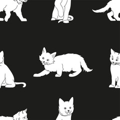 cute white kittens black thin lines silhouettes on black background seamless pattern, cartoon drawing adorable pets, editable vector illustration for fabric, textile, decoration