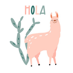 Hola. Cute hand drawn smiling lama and cactus © Elena