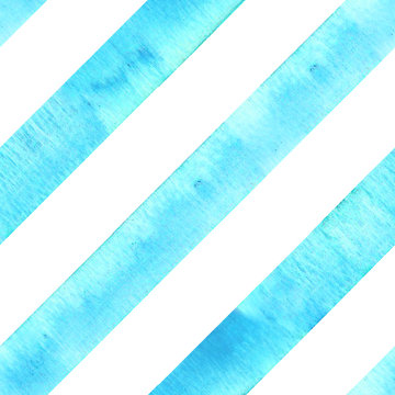 Watercolor teal blue turquoise diagonal stripes on white background. Striped seamless pattern