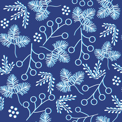 Seamless winter pattern. White branches of a Christmas tree on a blue background. Endless decoration for fabric, tile and paper on the wall.