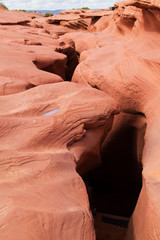 Antelope Canyon, Navajo land east of Page, Arizona. Upper Antelope Canyon. Tourist place. Beautiful canyon of red rocks, a creation of nature. Landmark of America.