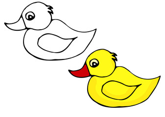 Hand-drawn vector illustration of a yellow rubber duck for bath and spa icon. Pattern for coloring and design.