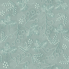 Seamless winter pattern. Forest texture of branches and snow on a green background. Endless Christmas decorations for fabric, tile and paper on the wall.