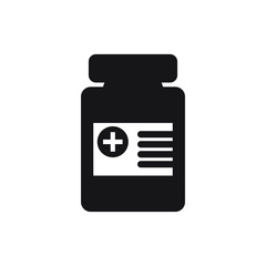 Medicine bottle and pills. Black and white icon. Vector illustration
