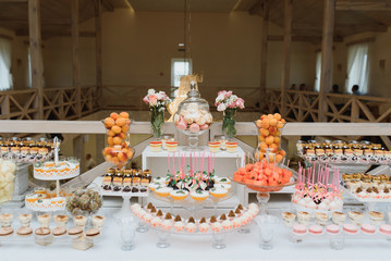 desserts with fruits, mousse, biscuits. Different types of sweet pastries, small colorful sweet cakes, macaron, and other desserts in the sweet buffet