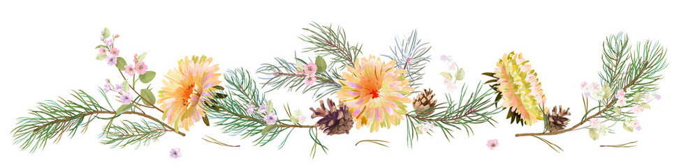 Panoramic view: yellow chrysanthemum (golden-daisy, aster, daisy), pine, cones, spring blossom. Horizontal border for Christmas, white background. Botanical illustration, watercolor style, vector