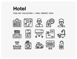 Hotel Icons Set. UI Pixel Perfect Well-crafted Vector Thin Line Icons. The illustrations are a vector.