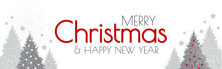 Merry Christmas and Happy New Year Elegant white card design template with fir trees trees and snow. Coniferous forest.