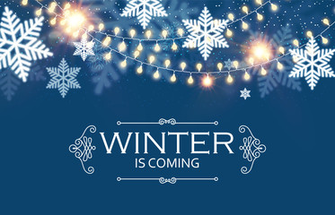 Happy New Year Seasons Background with Snowflakes and Light Garlands. Shining Winter Design.