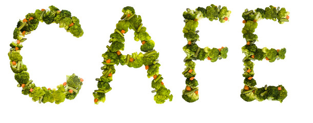 cafe. Healthy lifestyle and nutrition. English alphabet. Text from the products. Broccoli, asparagus, carrots. Designer font. Vegetable Font.