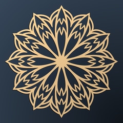 Laser cutting mandala. Golden floral pattern. Oriental silhouette ornament. Vector coaster design.